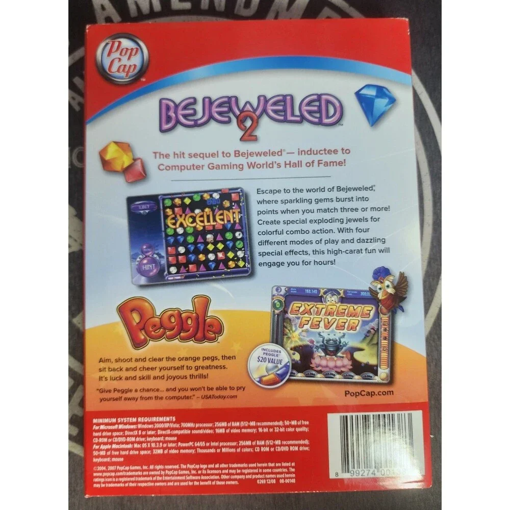 Bejeweled 2 With Peggle PC Game (Windows/Mac, 2009) New In Slip Cover